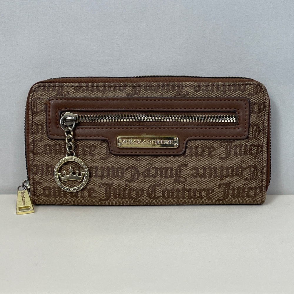 Juicy Couture Brown Logo Zip-Around Wallet with Crown Charm